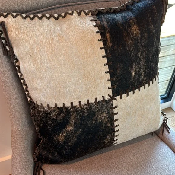 YKK 100% Real Cowhide Reversible Patchwork Accent Pillow Cover - Picture 10 of 11
